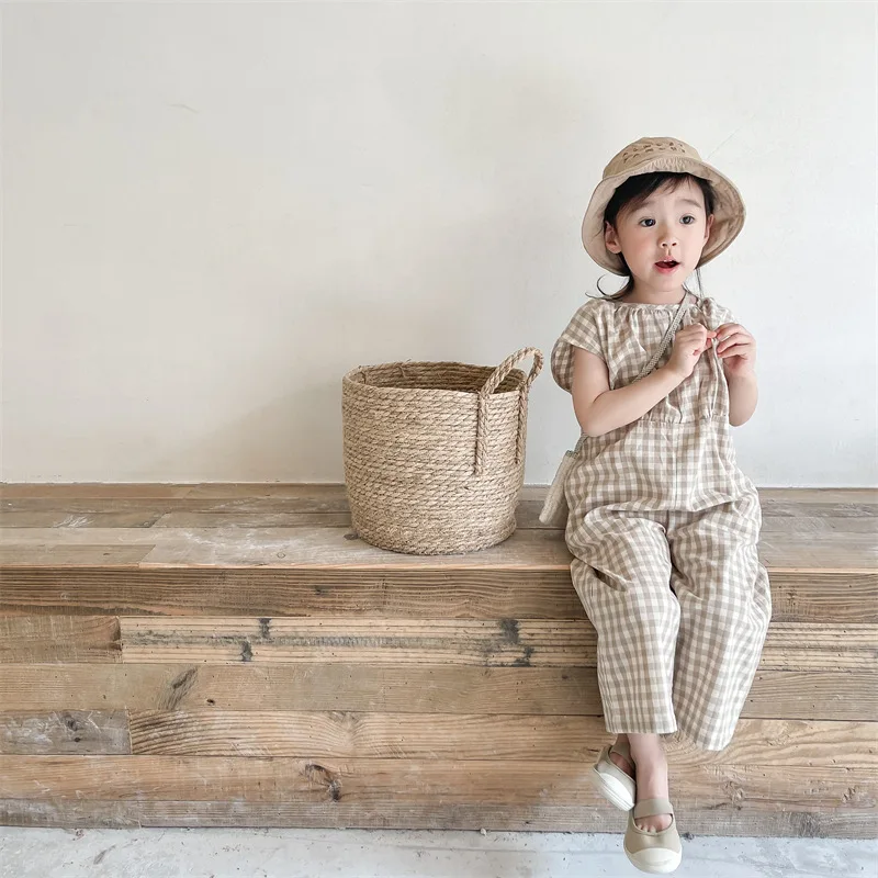 Baby Summer Linen Sleeveless Jumpsuit - Baby Girls Plaid Overalls Kids Sleeveless